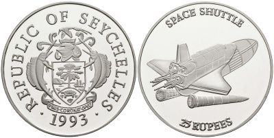 Сейшельские острова 25 рупий 1993 космический корабль, шаттл, тираж 10000 экз. KM 68 серебро PROOF 1095-10-42