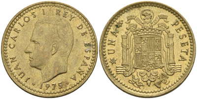 Испания 1 песета 1975 (76) Хуан Карлос I (1975-2014) KM 806 алюминиевая бронза 4604-435