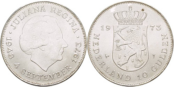 Нидерланды 10 гульденов 1973 25 лет правления королевы Юлианы KM 196 серебро aUNC 4537-624