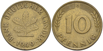 ФРГ 10 ПФЕННИГОВ 1949 G KM 103, J. 378 сталь плакированная латунью 4182-741
