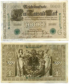 ГЕРМАНИЯ 1000 МАРОК 1910 21 АПРЕЛЯ 1910, ЗЕЛЁНАЯ ПЕЧАТЬ, СЕМИЗНАЧНЫЙ НОМЕР Pick 45b бумага 7375-33-2-2