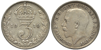 Великобритания 3 пенса 1919 Георг V (1910-1936) KM 813, Spink 4015 серебро 4528-518