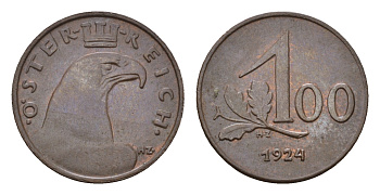 Австрия 100 крон 1924 KM 2832 бронза 4669-653