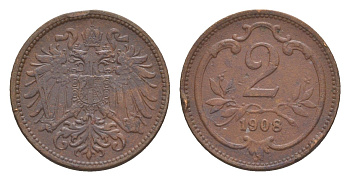 Австрия 2 геллера 1908 Франц Иосиф I (1848-1916) KM 2801 бронза 4528-362