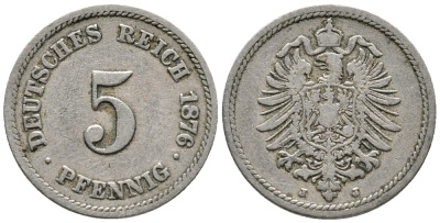 ГЕРМАНИЯ 5 ПФЕННИГОВ 1876 J, СТАРОГЕРБОВКА KM 3, J. 3 медно-никель 39-368
