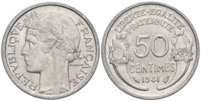 ФРАНЦИЯ 50 САНТИМОВ 1941 ТИП MORLON LOURDE KM 894.1a, LE FRANC 193.2 алюминий 44-264
