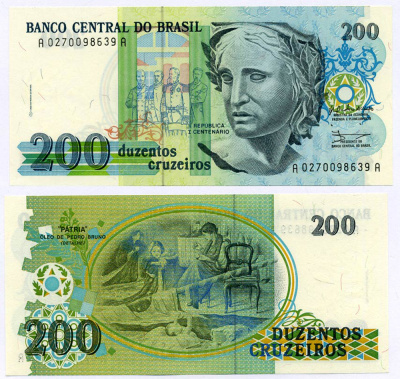 Бразилия 200 крузейро 1990 ПОДПИСЬ 28 Pick 229 бумага UNC (пресс) 8611-38-3-2