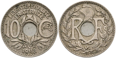 Франция 10 сантимов 1918 тип Линдайё KM 866a, Le Franc 138.3 медно-никель 4143-841