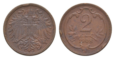 Австрия 2 геллера 1908 Франц Иосиф I (1848-1916) KM 2801 бронза 4528-362