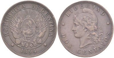 Аргентина 2 сентаво 1894 KM 33 бронза 4394-1143