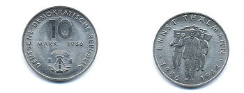 ГДР 10 марок 1986 А, 100 лет со дня рождения Эрнста Тельмана (1886-1944) KM 109, J. 1608 медно-никель UNC 54-2525