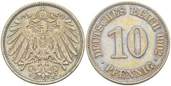 Германия 10 пфеннигов 1902 E KM 12, J. 13, Weege 8 медно-никель 259-835