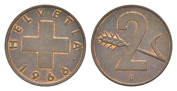Швейцария 2 раппена 1966 B KM 47 бронза 4630-843