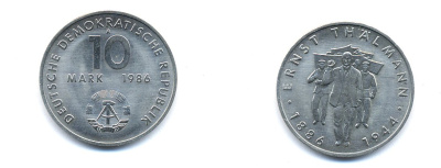 ГДР 10 марок 1986 А, 100 лет со дня рождения Эрнста Тельмана (1886-1944) KM 109, J. 1608 медно-никель UNC 54-2525