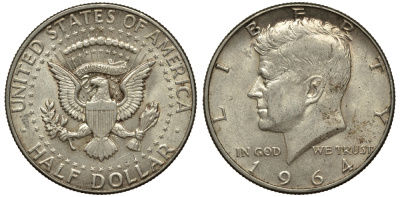 США 1/2 доллара (50 центов) 1964 Джон Кеннеди KM 202 серебро 413-125