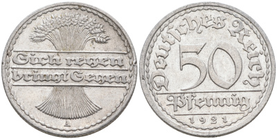 Германия 50 пфеннигов 1921 A KM 27, J.301, Weege 10 алюминий    4589-225