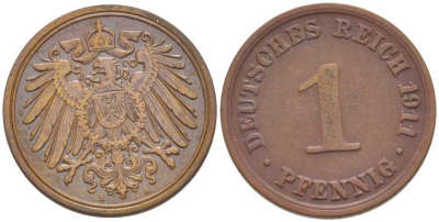 Германия 1 пфенниг 1911 A KM 10, J. 10, Weege 2 медь 211-447