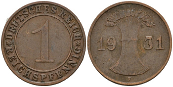Германия 1 рейхспфенниг 1931 F KM 37, J. 313 бронза 4124-623