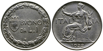 ИТАЛИЯ 1 ЛИРА 1922 R, ВИКТОРИО ИМАНУИЛ III (1900-1946) KM 62 никель 4384-945