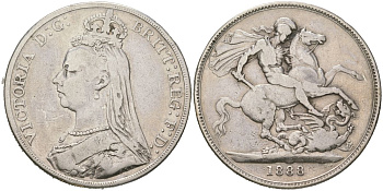 Великобритания 1 крона 1888 Виктория (1837-1901), редкий год, тираж 131.800 экземпляров KM 765 серебро 441-1013