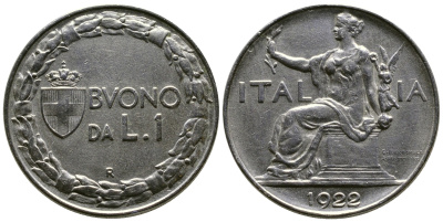 ИТАЛИЯ 1 ЛИРА 1922 R, ВИКТОРИО ИМАНУИЛ III (1900-1946) KM 62 никель 4384-945