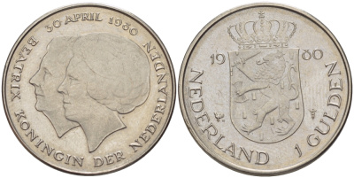 Нидерланды 1 гульден 1980 на коронацию Беатрикс, 30 апреля 1980 KM 200 никель 31-845