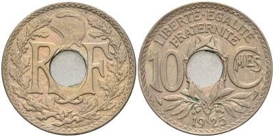 Франция 10 сантимов 1925 тип Линдайё KM 866а медно-никель 4116-453