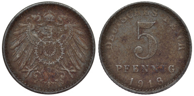 Германия 5 пфеннигов 1918 A KM 19, J. 297, Weege 5 железо 4118-1234