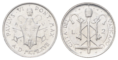 Ватикан 2 лиры 1967 MCMLXVII, год-тип KM 93 алюминий UNC 4701-464