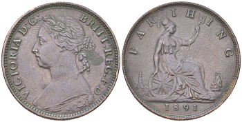 Великобритания 1 фартинг 1891 Виктория (1837-1901) KM 753, Spink 3958 бронза 4613-436