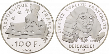 ФРАНЦИЯ 100 ФРАНКОВ = 15 ЭКЮ 1991 ДЕКАРТ KM 1002 серебро PROOF 1074-6-63