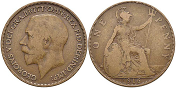 Великобритания 1 пенни 1916 Георг V (1910-1936) KM 810, Spink 4051 бронза 111-1236