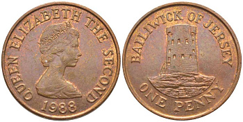 Джерси 1 пенни 1988 Елизавета II (1952-2022), башня Святого Клемента KM 54 бронза 117-146