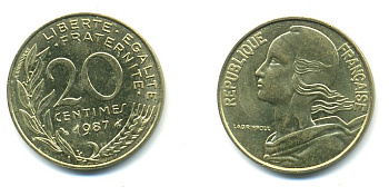 ФРАНЦИЯ 20 САНТИМОВ 1987 KM 930 медь алюминий никель 25-254