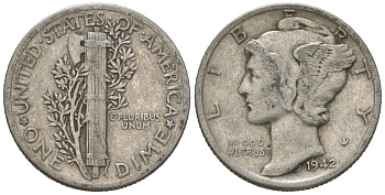 США 10 центов (дайм) 1942 KM 140 серебро 3334-1257