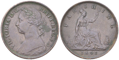 Великобритания 1 фартинг 1891 Виктория (1837-1901) KM 753, Spink 3958 бронза 4613-436