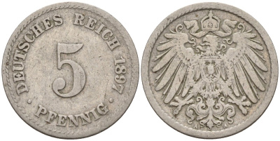 Германия 5 пфеннигов 1897 A KM 11, J. 12 медно-никель 4151-414
