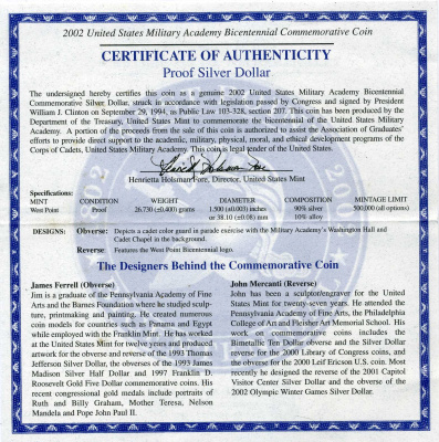 США 1 доллар 2002 W, 200 лет военной академии в Вест Поинте, в оригинальной коробке, сертификат KM 338 серебро PROOF 00-00