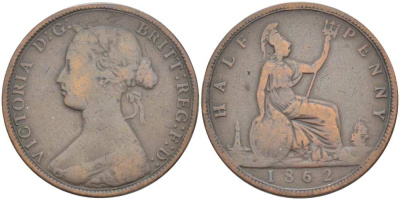 Великобритания 1/2 пенни 1862 Виктория (1837-1901) KM 748.2, Spink 3956 бронза  1518-1411
