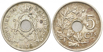 БЕЛЬГИЯ 5 САНТИМОВ 1932 BELGIQUE, ГОД ТИП KM 93 никель латунь 4549-1135