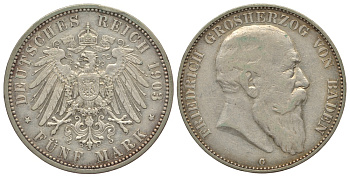 Баден 5 марок 1903 G, Фридрих I (1856-1907) Weege 31, J. 33, KM 274 серебро 413-433