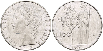 ИТАЛИЯ 100 ЛИР 1974 R, АФИНА У ОЛИВКОВОГО ДЕРЕВА KM 96.1 нержавеющая сталь 4545-711