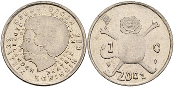 Нидерланды 1 гульден 2001 прощай гульден, детский рисунок, лев с флагом в руках KM 233 никель 4563-115