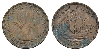 Великобритания 1/2 пенни 1957 Елизавета II (1952-2022) KM 896, Spink 4158 бронза 4662-1141