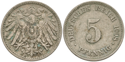 Германия 5 пфеннигов 1907 D, KM 11, J. 12 медно-никель 4364-3662