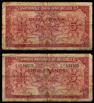 Бельгия 5 франков 1943 Pick 121 бумага 7203-65-1-1