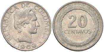 Колумбия 20 сентаво 1969 KM 227, Restrepo 394-2b сталь плакированная медью 4364-1134