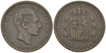 Испания 5 сентимо 1878 OM, Альфонсо XII (1874-1885) KM 674 бронза 92-1011
