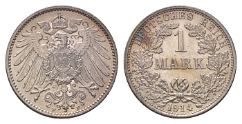 Германия 1 марка 1914 F, Вильгельм II (1888-1918) KM 14, J. 17 серебро aUNC 4626-246