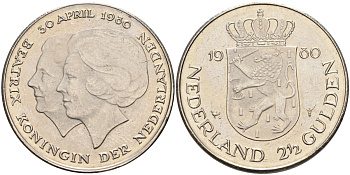 Нидерланды 2 1/2 гульдена 1980 коронация Беатрикс, 30 апреля 1980 KM 201 никель 4587-1023